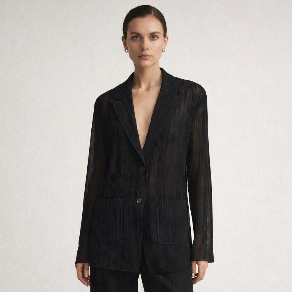 Adolfo Dominguez Black Crinkle Blazer Size M 2 Button Single Breasted Oversized